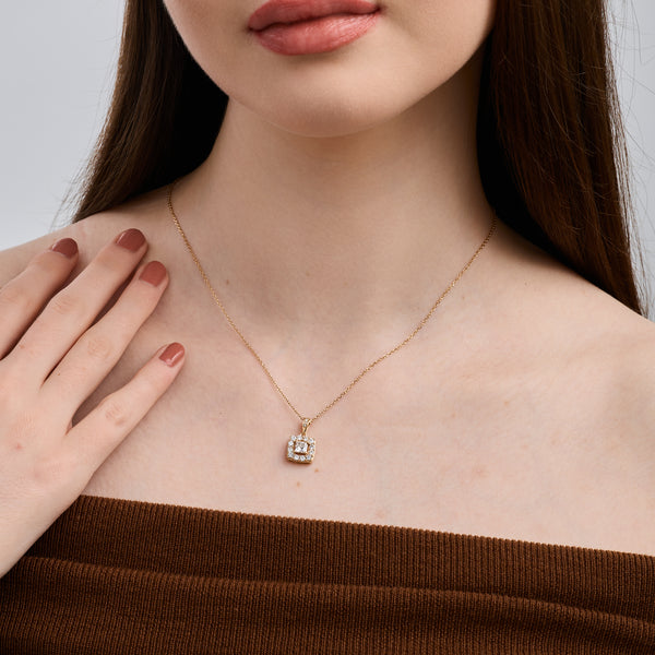 Gilded 1 Carat Lab-Grown Diamond Princess-Cut Solitaire Plus Pendant with a Cushion Halo