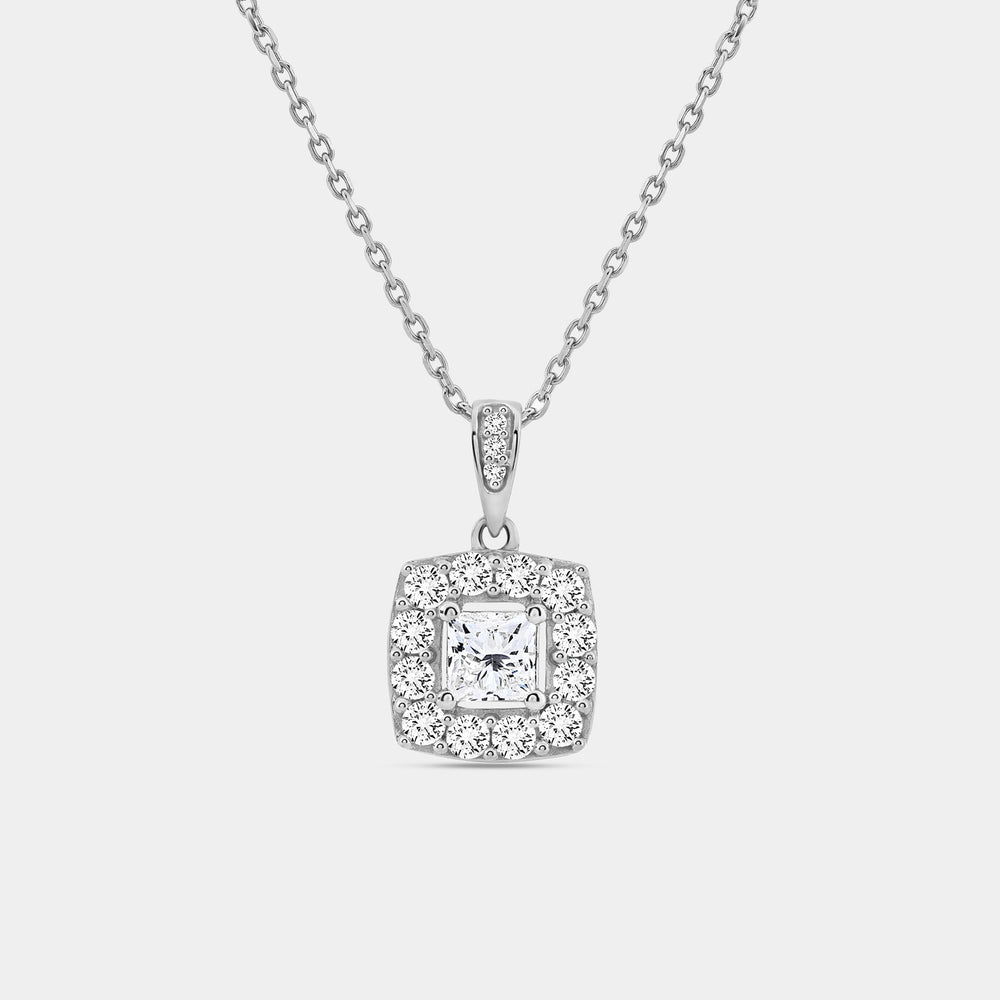 Gilded 1 Carat Lab-Grown Diamond Princess-Cut Solitaire Plus Pendant with a Cushion Halo