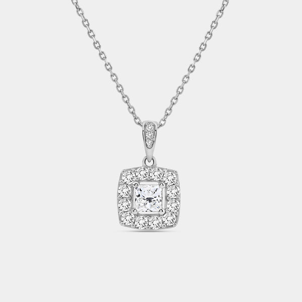 Gilded 1 Carat Lab-Grown Diamond Princess-Cut Solitaire Plus Pendant with a Cushion Halo