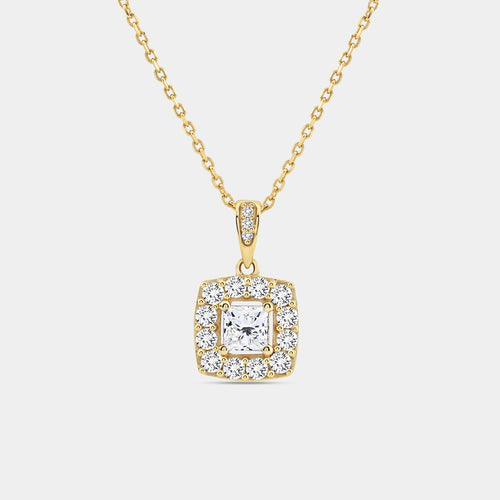 Gilded 1 Carat Lab-Grown Diamond Princess-Cut Solitaire Plus Pendant with a Cushion Halo