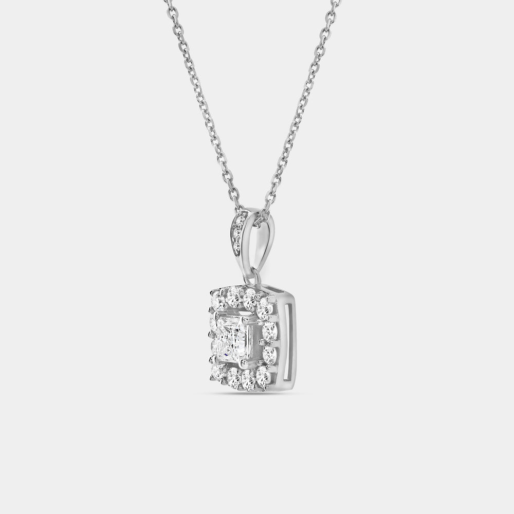 Gilded 1 Carat Lab-Grown Diamond Princess-Cut Solitaire Plus Pendant with a Cushion Halo