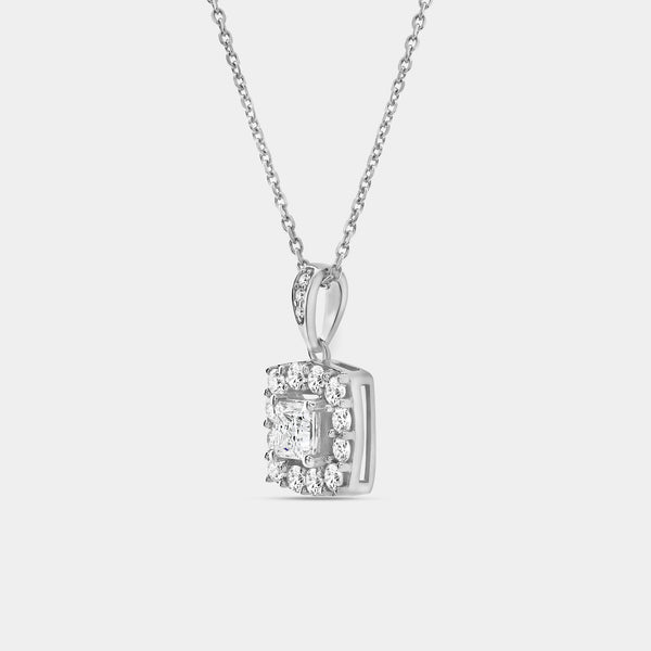 Gilded 1 Carat Lab-Grown Diamond Princess-Cut Solitaire Plus Pendant with a Cushion Halo