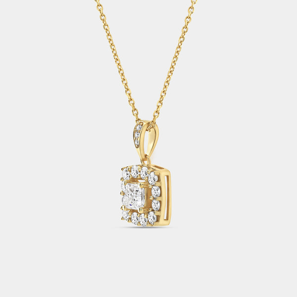 Gilded 1 Carat Lab-Grown Diamond Princess-Cut Solitaire Plus Pendant with a Cushion Halo