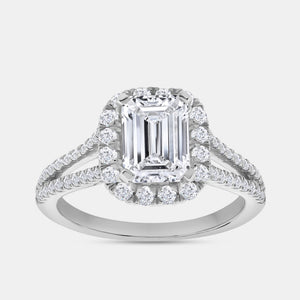Gilded 2 and 3/4 Carat Lab-Grown Diamond Emerald-Cut Halo Engagement Ring with a Split Shank