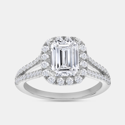Gilded 2 and 3/4 Carat Lab-Grown Diamond Emerald-Cut Halo Engagement Ring with a Split Shank