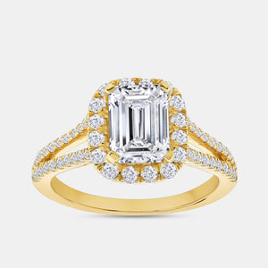 Gilded 2 and 3/4 Carat Lab-Grown Diamond Emerald-Cut Halo Engagement Ring with a Split Shank
