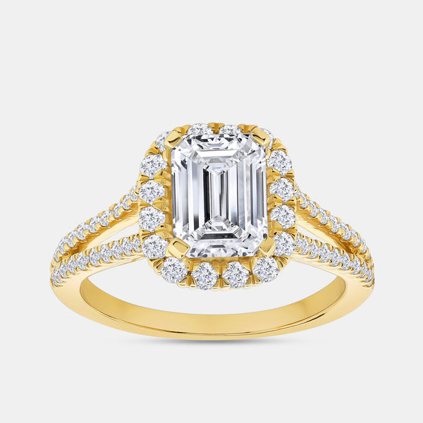 Gilded 2 and 3/4 Carat Lab-Grown Diamond Emerald-Cut Halo Engagement Ring with a Split Shank
