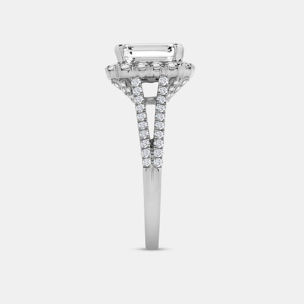 Gilded 2 and 3/4 Carat Lab-Grown Diamond Emerald-Cut Halo Engagement Ring with a Split Shank