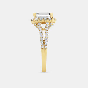 Gilded 2 and 3/4 Carat Lab-Grown Diamond Emerald-Cut Halo Engagement Ring with a Split Shank