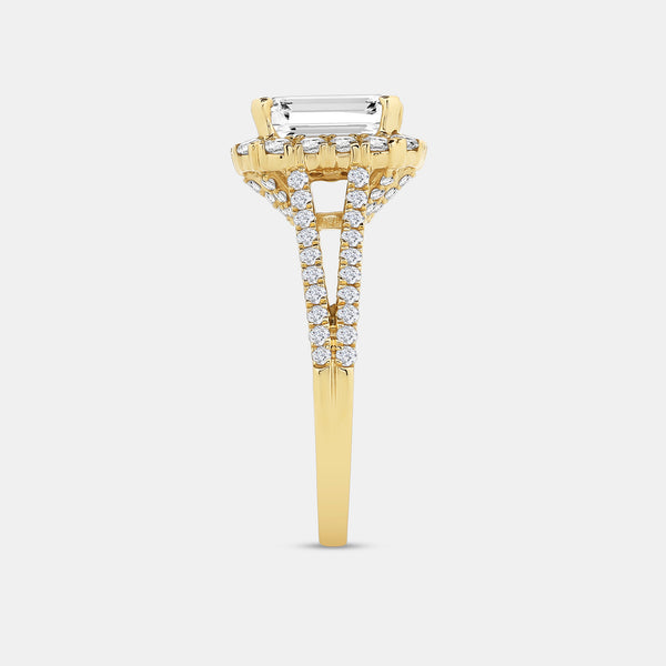 Gilded 2 and 3/4 Carat Lab-Grown Diamond Emerald-Cut Halo Engagement Ring with a Split Shank
