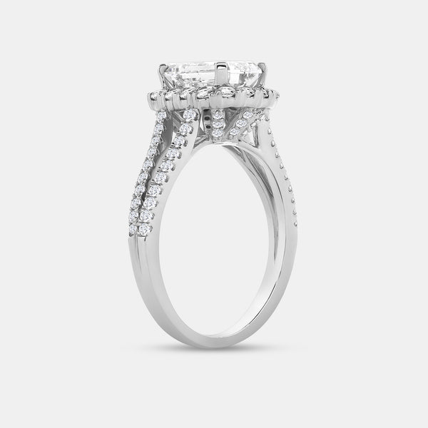 Gilded 2 and 3/4 Carat Lab-Grown Diamond Emerald-Cut Halo Engagement Ring with a Split Shank