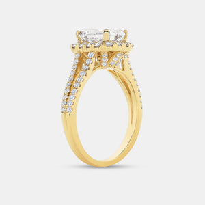 Gilded 2 and 3/4 Carat Lab-Grown Diamond Emerald-Cut Halo Engagement Ring with a Split Shank