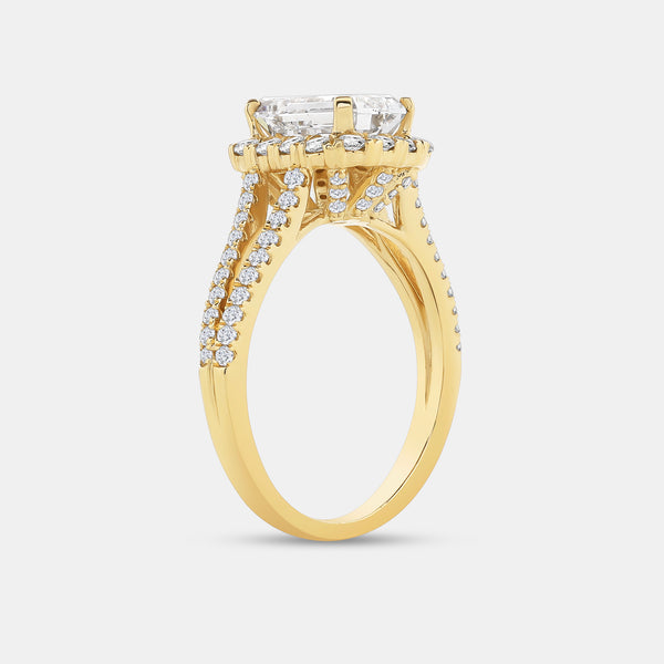 Gilded 2 and 3/4 Carat Lab-Grown Diamond Emerald-Cut Halo Engagement Ring with a Split Shank