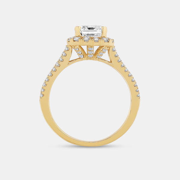 Gilded 2 and 3/4 Carat Lab-Grown Diamond Emerald-Cut Halo Engagement Ring with a Split Shank