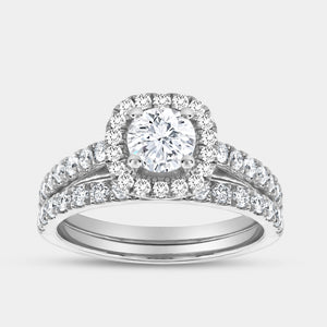 Gilded 1 and 3/4 Carat Lab-Grown Diamond Engagement Ring Set with a Round-Shaped Center and a Cushion Halo