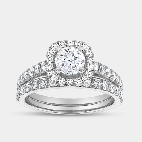 Gilded 1 and 3/4 Carat Lab-Grown Diamond Engagement Ring Set with a Round-Shaped Center and a Cushion Halo
