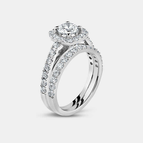 Gilded 1 and 3/4 Carat Lab-Grown Diamond Engagement Ring Set with a Round-Shaped Center and a Cushion Halo
