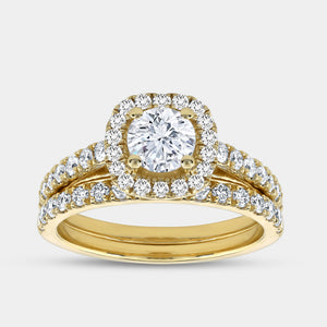 Gilded 1 and 3/4 Carat Lab-Grown Diamond Engagement Ring Set with a Round-Shaped Center and a Cushion Halo