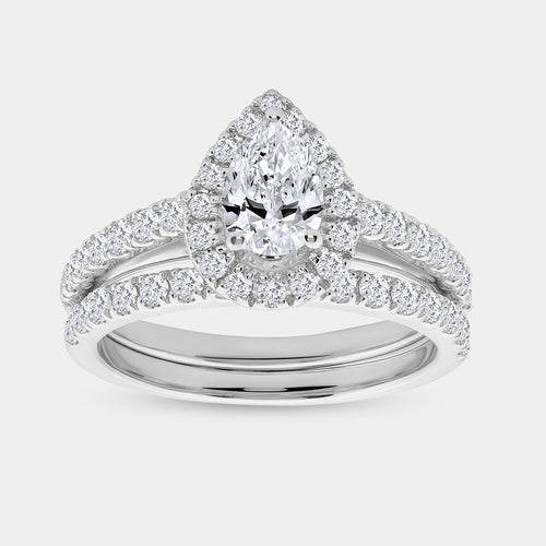 1 and 3/4 Carat Lab-Grown Diamond Pear-Shaped Halo Bridal Set — GILDED New York
