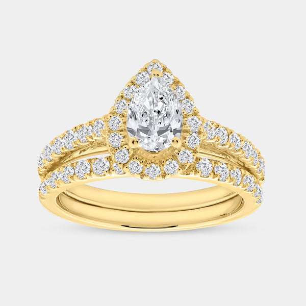 1 and 3/4 Carat Lab-Grown Diamond Pear-Shaped Halo Bridal Set — GILDED New York