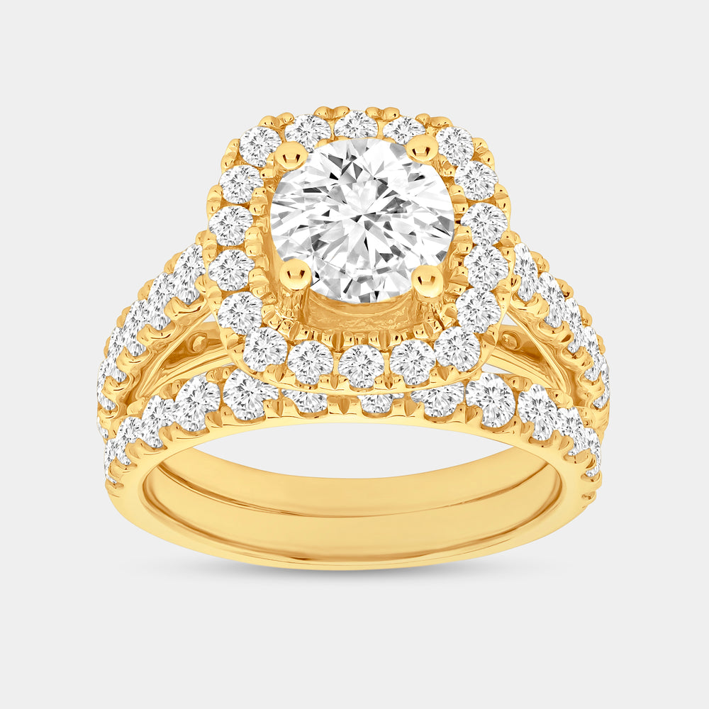 Gilded 3 and 1/2 Carat Lab-Grown Diamond Engagement Ring Set with a Round-Shaped Center and a Cushion Halo