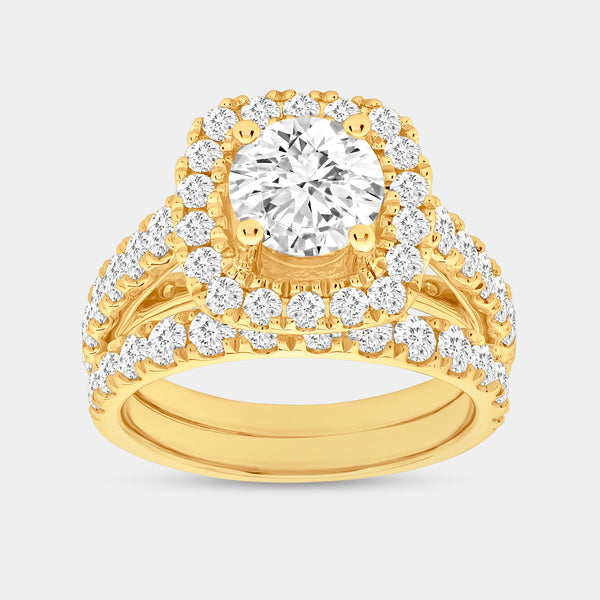 3 and 1/2 Carat Lab-Grown Diamond Engagement Ring Set with a Round-Shaped Center and a Cushion Halo — GILDED New York