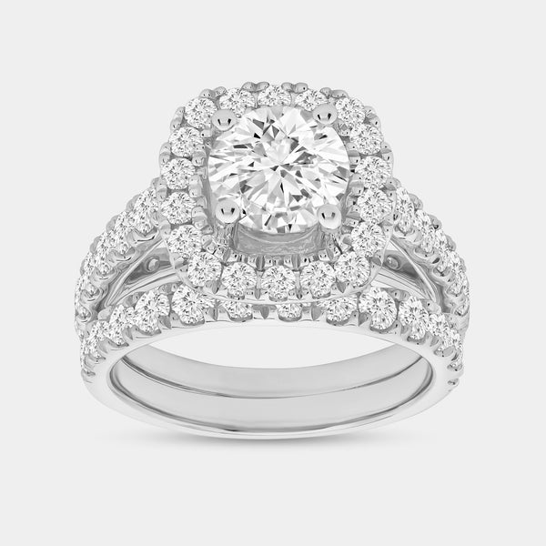 3 and 1/2 Carat Lab-Grown Diamond Engagement Ring Set with a Round-Shaped Center and a Cushion Halo — GILDED New York