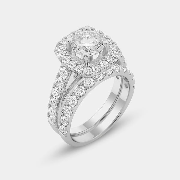 3 and 1/2 Carat Lab-Grown Diamond Engagement Ring Set with a Round-Shaped Center and a Cushion Halo — GILDED New York