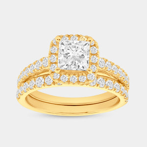 Gilded 2 Carat Lab-Grown Diamond Princess-Cut Halo Bridal Ring Set