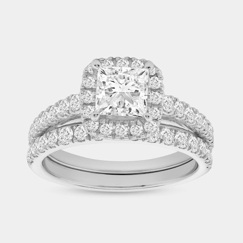 Gilded 2 Carat Lab-Grown Diamond Princess-Cut Halo Bridal Ring Set