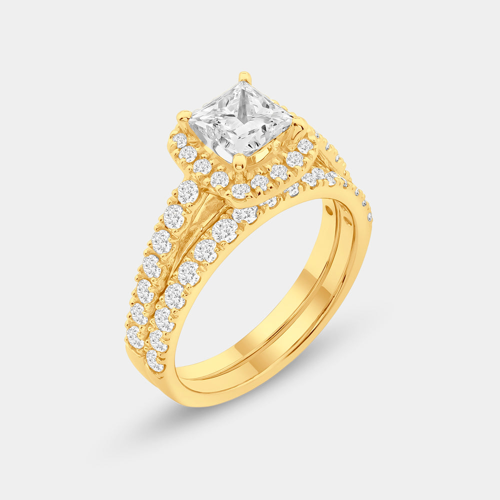 Gilded 2 Carat Lab-Grown Diamond Princess-Cut Halo Bridal Ring Set