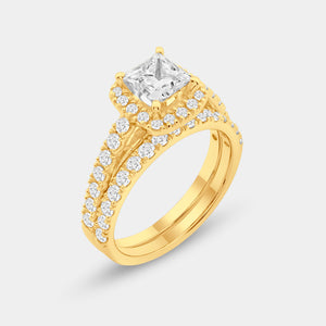 Gilded 2 Carat Lab-Grown Diamond Princess-Cut Halo Bridal Ring Set