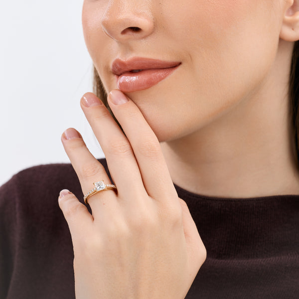1 and 1/4 Carat Lab-Grown Diamond Princess-Cut Solitaire Plus Engagement Ring with a Studded Shank — GILDED New York