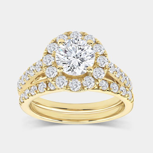 Gilded 2 and 1/2 Carat Lab-Grown Diamond Round-Shaped Halo Engagement Ring Set