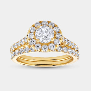 Gilded 1 and 3/4 Carat Lab-Grown Diamond Round Halo Engagement Ring Set with a Round-Shaped Center and a Cushion Halo