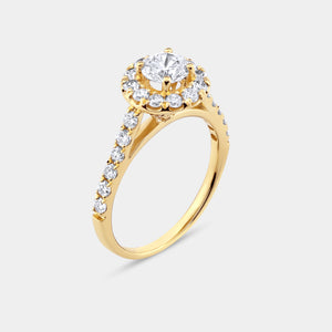 Gilded 1 and 3/4 Carat Lab-Grown Diamond Round Halo Engagement Ring Set with a Round-Shaped Center and a Cushion Halo