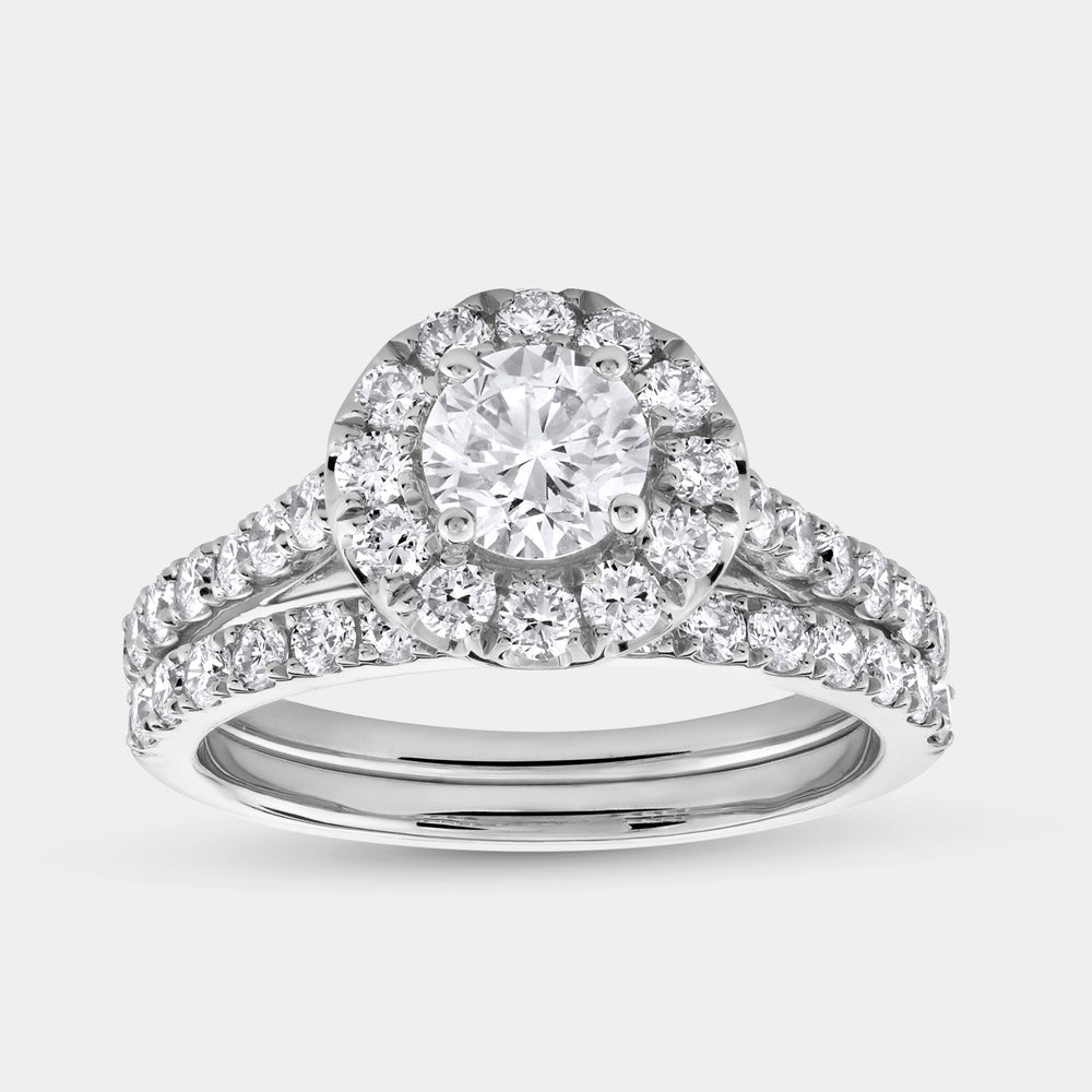 Gilded 1 and 3/4 Carat Lab-Grown Diamond Round Halo Engagement Ring Set with a Round-Shaped Center and a Cushion Halo