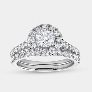 Gilded 1 and 3/4 Carat Lab-Grown Diamond Round Halo Engagement Ring Set with a Round-Shaped Center and a Cushion Halo