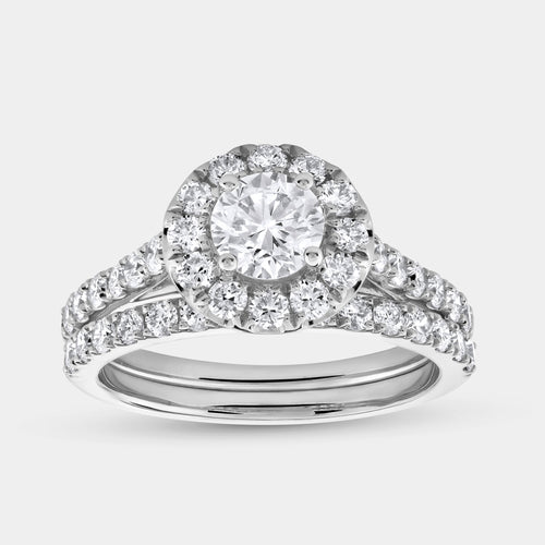 Gilded 1 and 3/4 Carat Lab-Grown Diamond Round Halo Engagement Ring Set with a Round-Shaped Center and a Cushion Halo