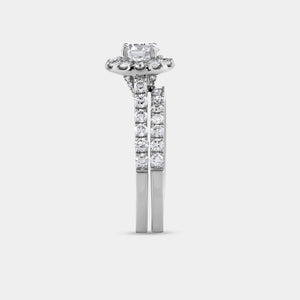Gilded 1 and 3/4 Carat Lab-Grown Diamond Round Halo Engagement Ring Set with a Round-Shaped Center and a Cushion Halo
