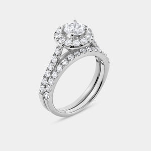 Gilded 1 and 3/4 Carat Lab-Grown Diamond Round Halo Engagement Ring Set with a Round-Shaped Center and a Cushion Halo