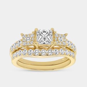 Gilded 1 and 1/2 Carat Lab-Grown Diamond Princess-Cut Solitaire Plus Engagement Ring Set with Composite Sides