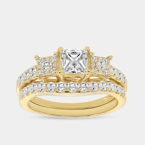 Gilded 1 and 1/2 Carat Lab-Grown Diamond Princess-Cut Solitaire Plus Engagement Ring Set with Composite Sides