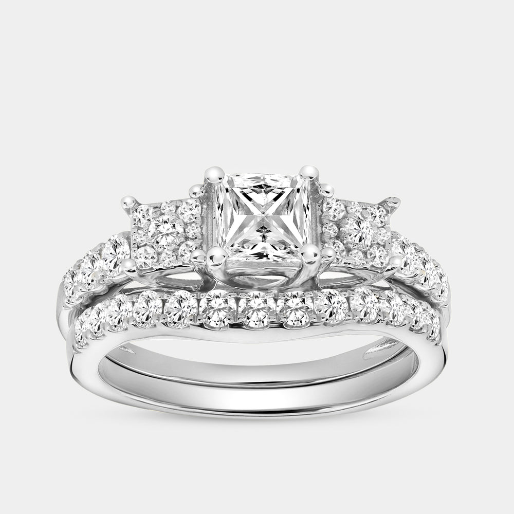 Gilded 1 and 1/2 Carat Lab-Grown Diamond Princess-Cut Solitaire Plus Engagement Ring Set with Composite Sides