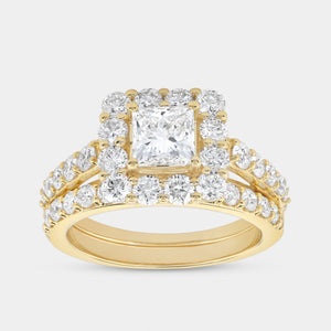 Gilded 2 and 3/4 Carat Lab-Grown Diamond Princess-Cut Halo Bridal Ring Set