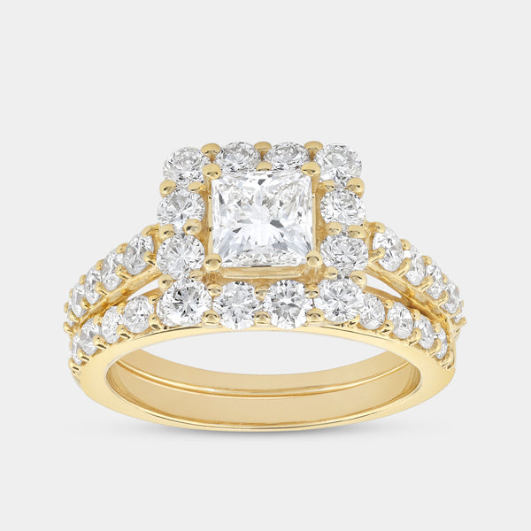2 and 3/4 Carat Lab-Grown Diamond Princess-Cut Halo Bridal Ring Set — GILDED New York