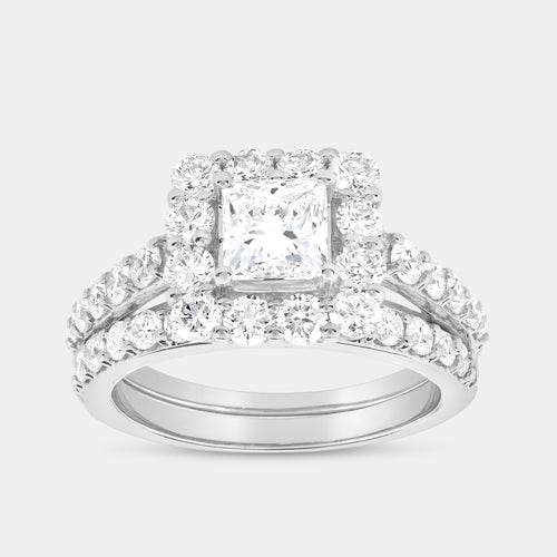 Gilded 2 and 3/4 Carat Lab-Grown Diamond Princess-Cut Halo Bridal Ring Set
