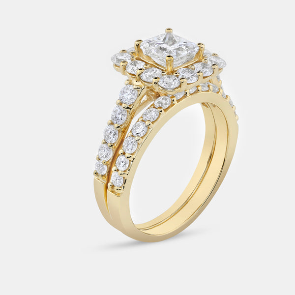 2 and 3/4 Carat Lab-Grown Diamond Princess-Cut Halo Bridal Ring Set — GILDED New York