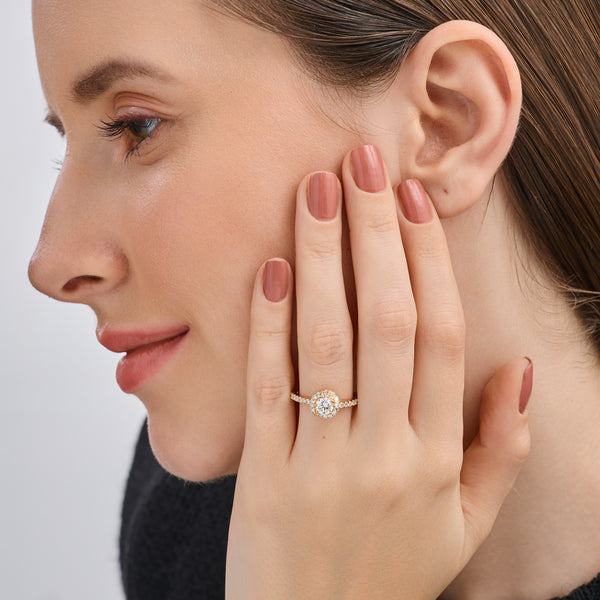 1 Carat Lab-Grown Diamond Engagement Ring with a Round-Shaped Center, a Knotted Round Halo and a Classic Shank — GILDED New York