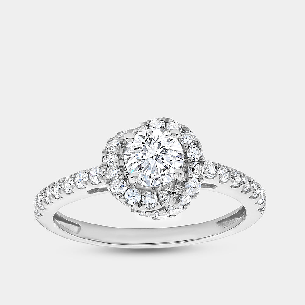 Gilded 1 Carat Lab-Grown Diamond Engagement Ring with a Round-Shaped Center, a Knotted Round Halo and a Classic Shank